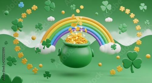 St. Patricks Day pot of gold with rainbow and shamrocks illustration