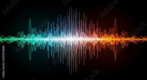 Abstract image of a colorful sound wave against a dark background with symmetrical patterns