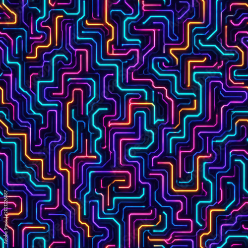 Futuristic neon glowing maze seamless cyberpunk circuit pattern background