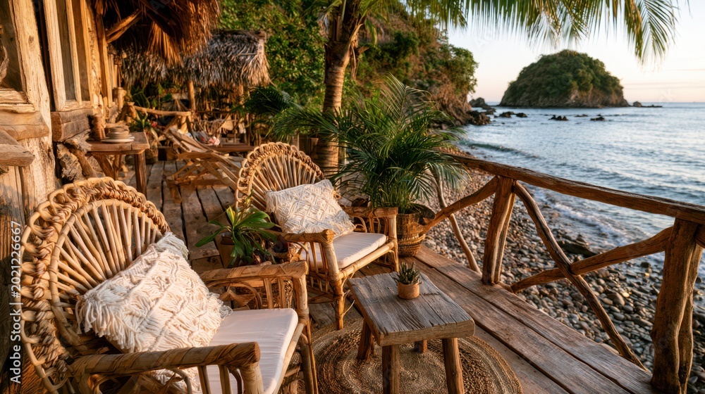 Fototapeta premium Rustic wooden balcony with rattan chairs overlooking a serene tropical beach at sunset