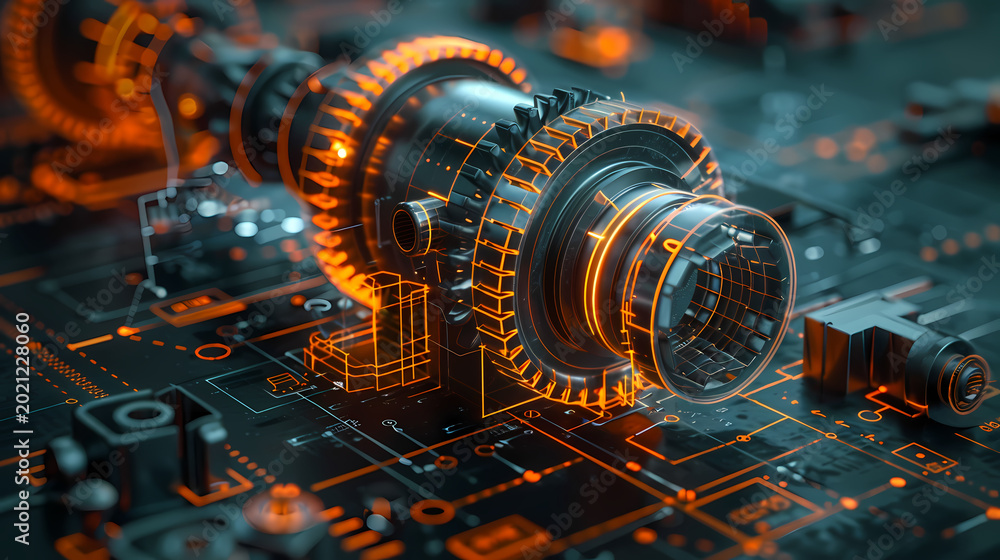 Fototapeta premium Technical precision engine mechanical drawing illustrate mechanical precision blueprint design, precise blueprint mechanical photography art.