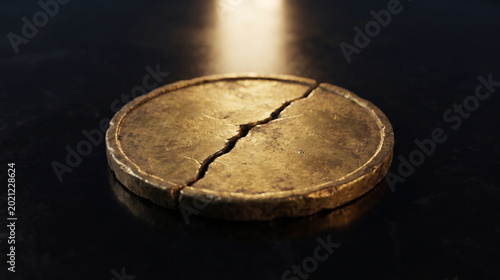 Cracked Golden Coin Symbolizing Financial Crisis and Economic Instability