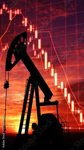 Oil pump jack with red financial graph energy crisis concept