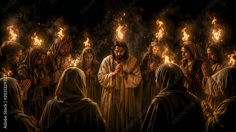 Obraz premium Jesus praying surrounded by people with torches