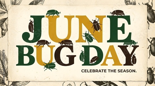 June Bug Day Typography Poster with Serif Lettering, Botanical Texture, and Silhouette Insect Composition