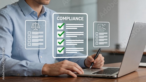 Compliance checklist document legal regulation audit concept, business law adherence verification, corporate governance standards, risk management policy confirmation and