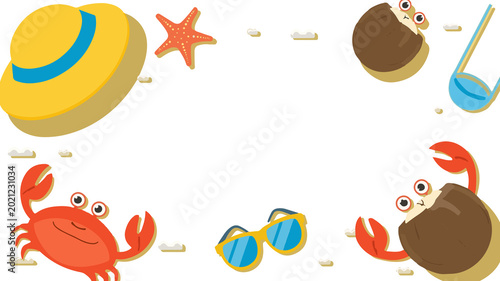 Template cartoon of crabs, beach hat, starfish, sun glass, umbrella beach, cocnut for banner  summer edition  element with flat design