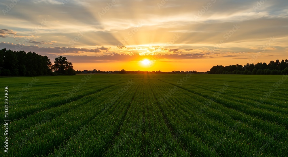 Obraz premium Vibrant sunset casting golden rays over a lush green agricultural field with distant treeline