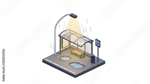 Isometric illustration of a bus stop shelter illuminated at night with puddles on the ground isometric transport infrastructure architecture illustration sidewalk darkness