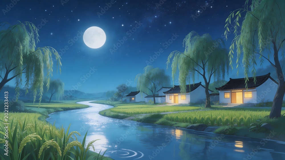 Fototapeta premium Moonlit river with traditional houses
