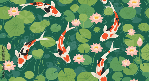 Seamless pattern featuring colorful koi fish swimming among lily pads and pink lotus flowers in a deep green pond setting.
