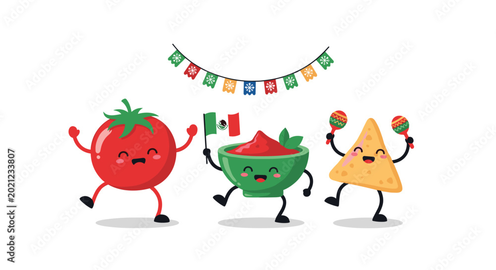 Fototapeta premium Joyful Mexican food characters including a tomato, a bowl of salsa, and a tortilla chip celebrating with a festive party banner.
