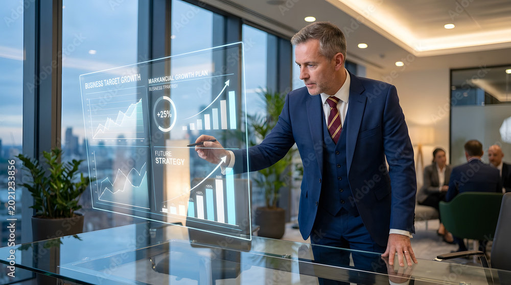 Fototapeta premium Focused Leader: A sharply dressed business leader analyzes projected financial data on a futuristic, transparent display. This scene embodies strategy, forward-thinking.