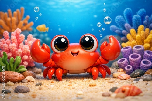 Cute Cartoon Crab Swimming in a Coral Reef