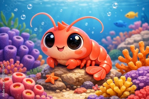 Cute Cartoon Shrimp Swimming in a Coral Reef
