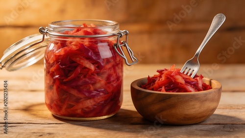 Pickled red peppers in jar and bowl