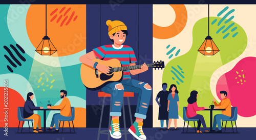 Young Man Playing Acoustic Guitar Live.