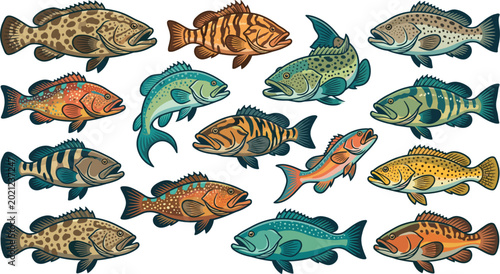 Foto Tropical reef fish collection featuring colorful marine species isolated aquatic