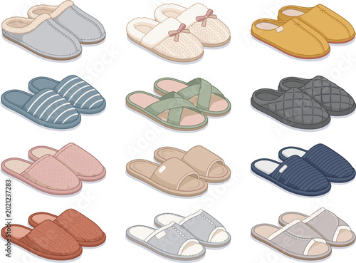 Bild auf Leinwand Cozy home slippers collection featuring soft comfortable indoor footwear isolate