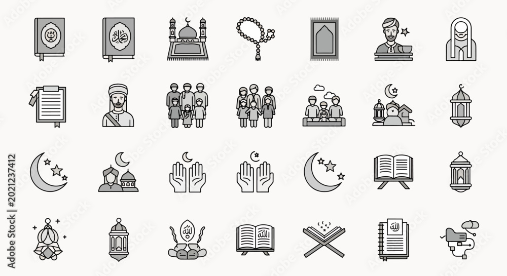 Fototapeta premium Islamic Icons Collection Set Ramadan Kareem and Eid Mubarak Religious Symbols and Mosque Architecture Elements