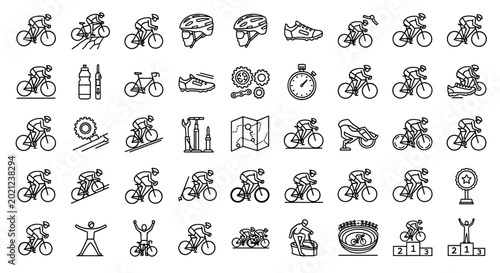 Set of cycling icons with cyclists, bikes, equipment, and awards on a white background, featuring various racing and training elements