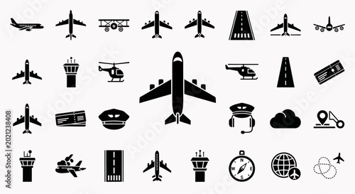 Collection of aviation and airport icons representing travel, transport, and air navigation with airplanes and helicopters