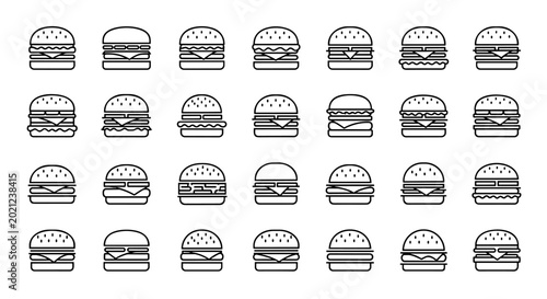 Collection of 30 Diverse Hamburger Icons Set Outline Style Vector Illustration Isolated on White Background