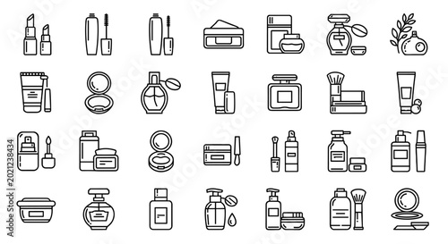 Collection of beauty cosmetics and makeup icons vector set simple outline drawings on a white background