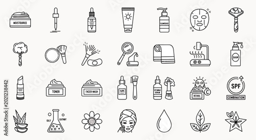 Collection of Beauty and Skincare Icons: Moisturizer, Serum, Sunscreen, Face Wash, and Makeup Tools in Outline Style