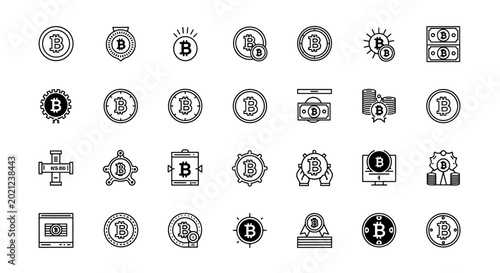 Collection of Bitcoin Cryptocurrency Icons and Symbols Featuring Digital Coinage Blockchain Technology and Financial Transactions