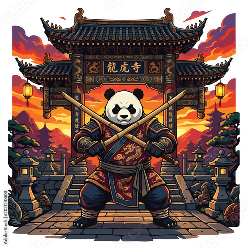 A fierce panda warrior in traditional armor holding crossed staffs stands ready before an ornate temple gate under a dramatic sunset sky, embodying martial arts spirit