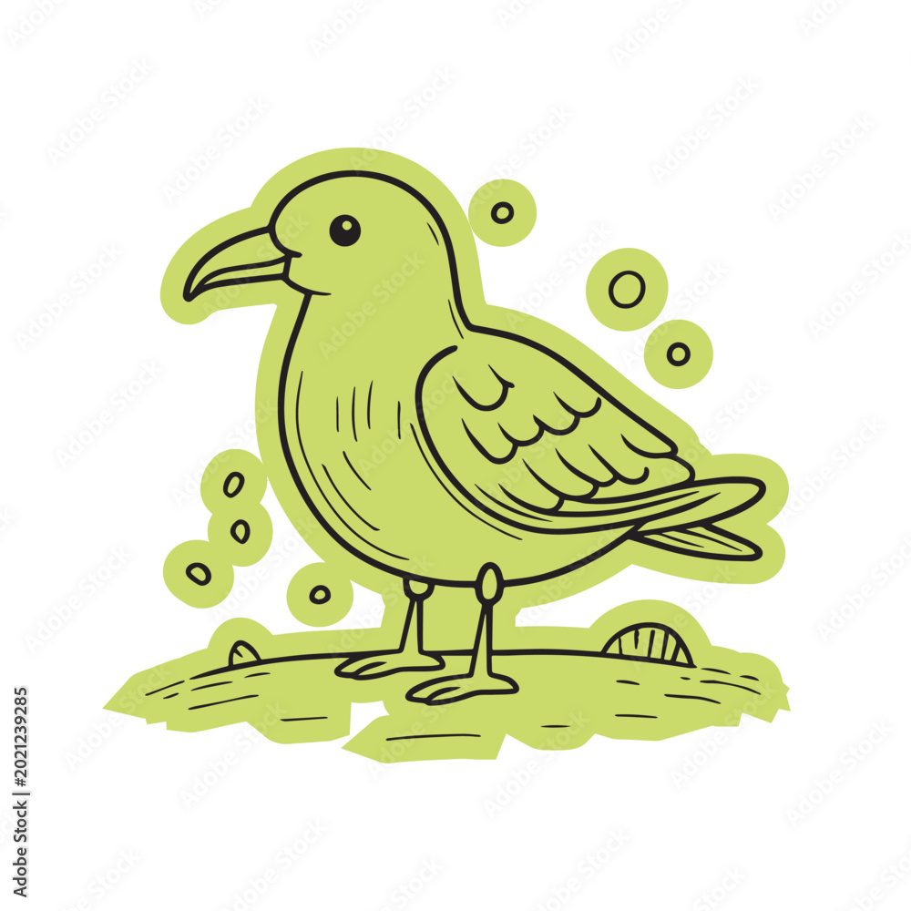 Fototapeta premium Doodle illustration sticker drawing of a seagull on the sand