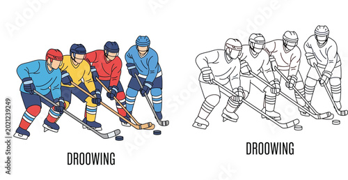 Photography Set of Ice Hockey Players Illustration with Colored and Line Art Versions for Co