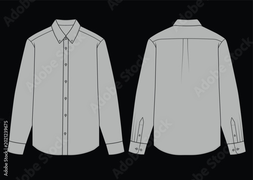 Front and back view of a gray long sleeve collared shirt with button