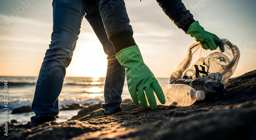 Beach clean up volunteer collecting plastic waste at sunset