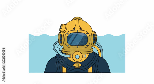 Vintage diver's helmet submerged in light blue water, detailed illustration