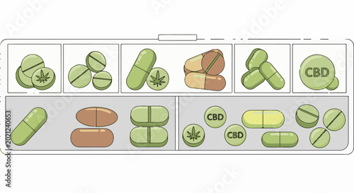 Various capsule and tablet forms, some with leaf symbols, others labeled CBD