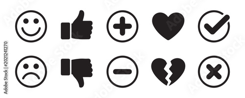 Foto Black outlined vector icons showing various emotions and feedback like happy sad like dislike plus minus heart broken heart and check mark