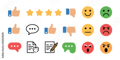 Collection of user feedback icons including thumbs up down stars smiley faces sad faces angry faces and speech bubbles in various colors.