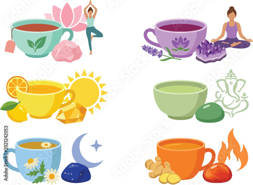 Foto Colorful wellness tea set with lotus lavender lemon chamomile and ginger symbols
