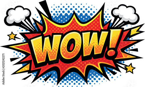WOW Comic Lettering Vector Illustration with Retro Pop Art Speech Bubble Halftone Dots Explosive Burst and Cartoon Sound Effect Design
