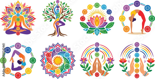 Foto Colorful chakra symbols with meditation yoga poses and lotus flowers vector art