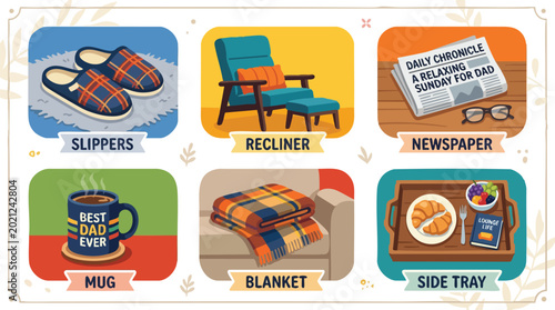 Foto Cozy slippers recliner mug blanket and side tray set for relaxing dad vector art
