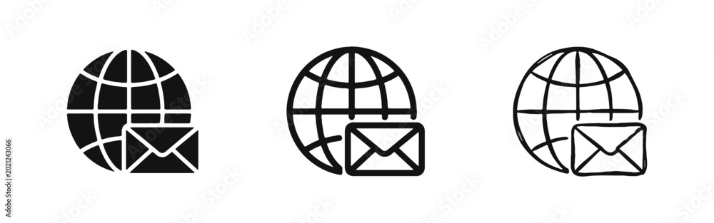 Obraz premium Global Mail Icon Set - World Globe and Envelope Symbols in Solid, Outline, and Sketch Styles