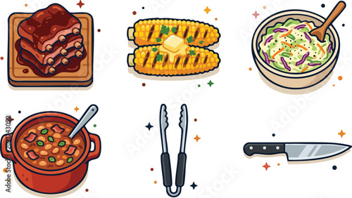 Cuadro en lienzo Colorful flat design barbecue ribs corn coleslaw chili tongs and knife set