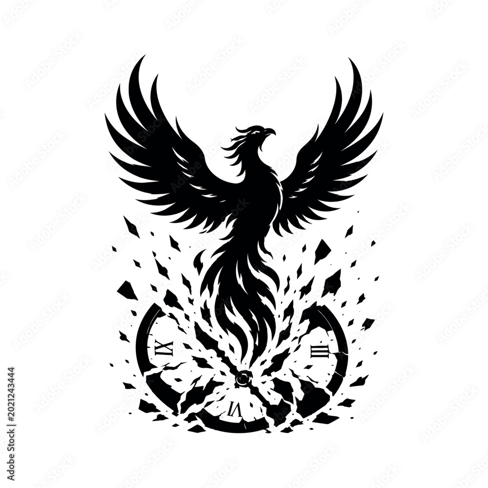 Fototapeta premium Black silhouette of a rising phoenix bird emerging from a shattered clock face on a white background