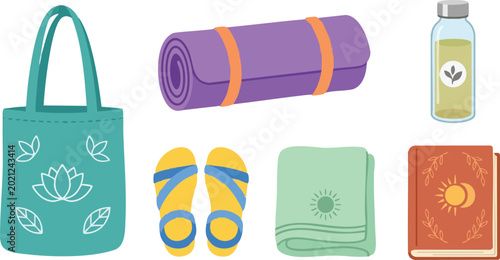 Bild auf Leinwand Flat design yoga essentials with lotus tote bag sandal mat bottle and journal