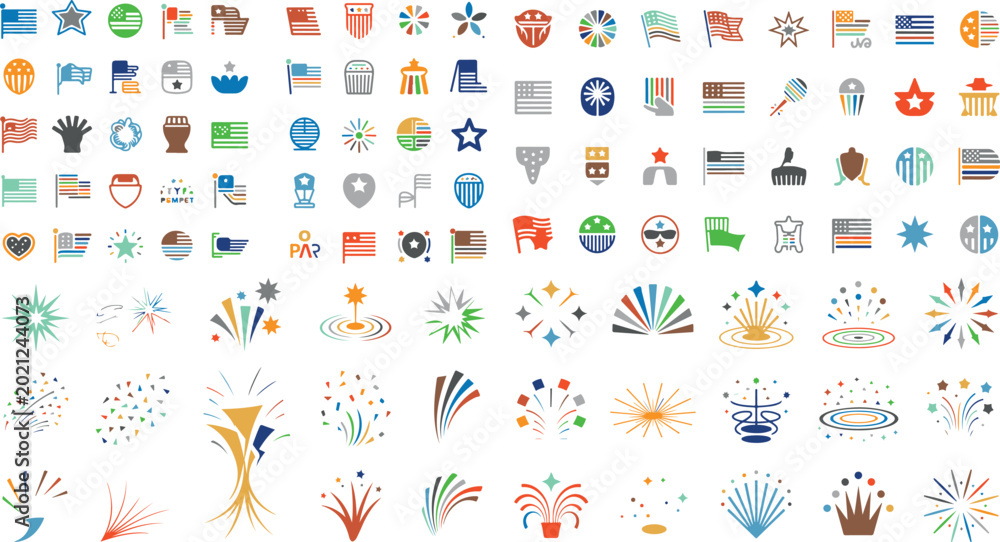 Naklejka premium American independence day icons set with flags fireworks and patriotic symbols