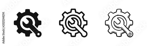 Settings and repair icon set with gear and wrench in three different graphic styles