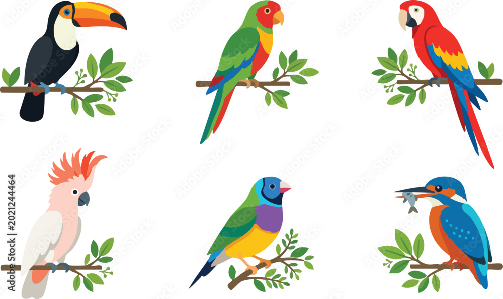 Obraz premium Colorful tropical birds perched on leafy branches vector art